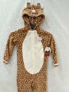 North Pole Deer Union Suit Pajamas Hooded Kids 6/7 XS Brown Plush Fleece